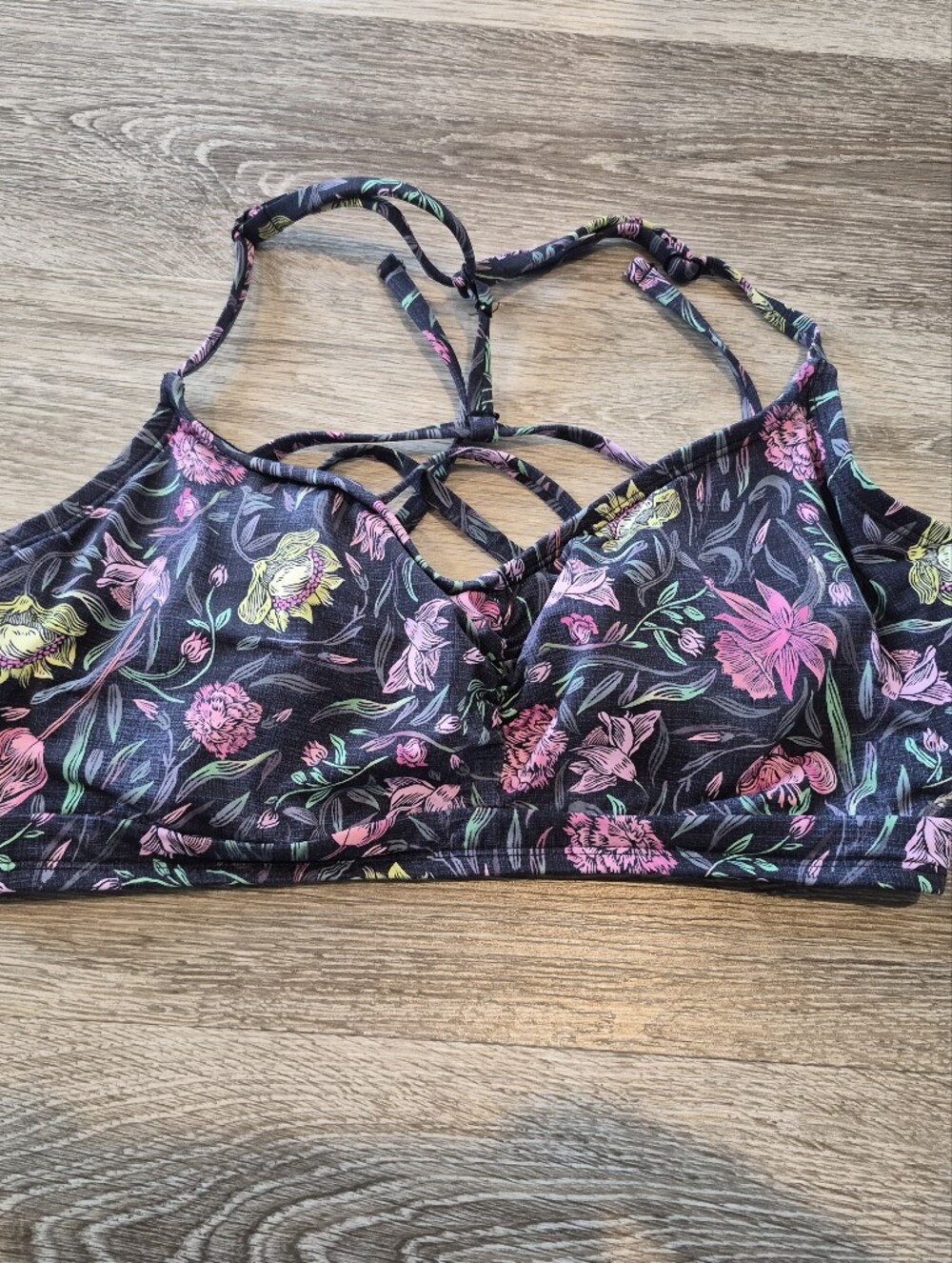 Floral Strappy Bikini Top - Black with Pink & Green Flowers